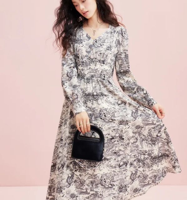 A-line Printed Chiffon Dress